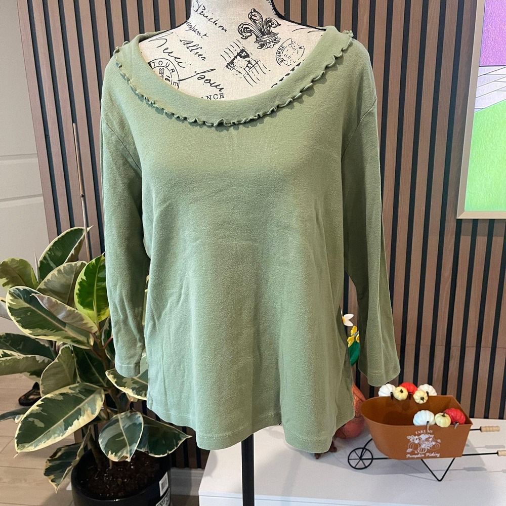 Maxwell Jason Women's Green Cotton Long Sleeve Top Ruffle Neckline‎ Size L